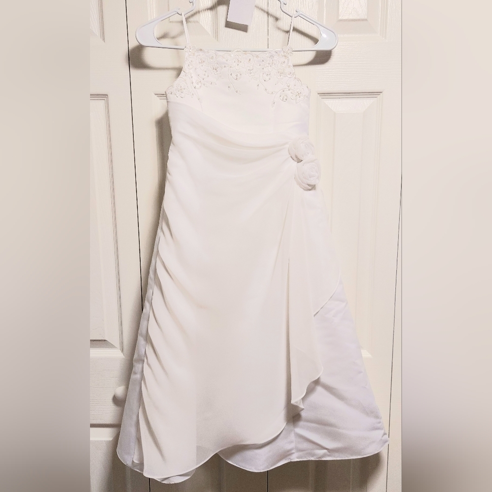 Girls David's Bridal Special occasion white beaded dress. Full, Spaghetti Straps